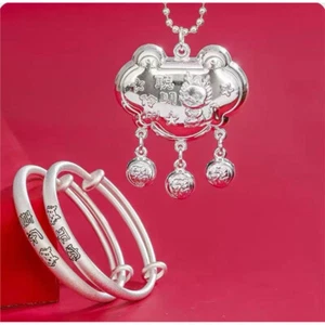 S999 Pure Silver Baby Silver Bracelet Long Life Lock Baby Full Moon Gift - Picture 1 of 4
