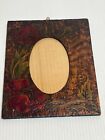 VINTAGE ARTS AND CRAFTS RUSTIC FLORAL PYROGRAPHY PHOTO FRAME CARVED WOOD 9"