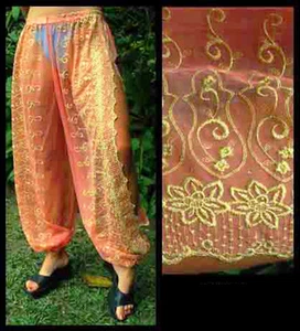 Harem Pants Belly Dance Salmon Pink w / Gold Brocade Slit - Imagen 1 de 1