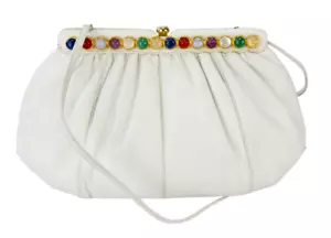 Vintage JUDITH LEIBER Reptile Leather Semi Precious Stones Evening Bag White - Picture 1 of 13