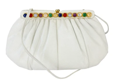 Vintage JUDITH LEIBER Reptile Leather Semi Precious Stones Evening Bag White - Image 1 of 4