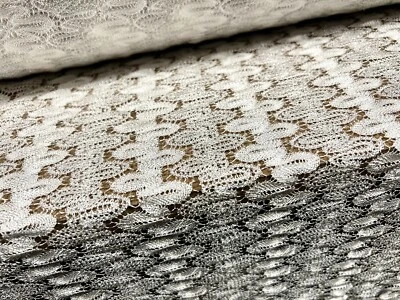Metallic Crochet Lace Stretch Spandex Fabric, Per Metre - White & Silver - Image 1 of 3