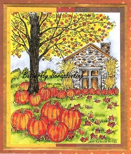 FALL TREE PUMPKINS STONE SHED Wood Mounted Rubber Stamp NORTHWOODS P10298 New - Picture 1 of 2