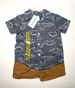 Conjunto de Camisa y Pantalones Cortos Baby Boy Dinosaurio Cambray Botón Delantero - 6M/12M/18M - Imagen 1 de 3