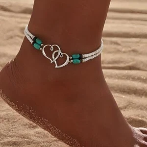 Silver Boho Beaded Anklet – Double Heart Beach Jewelry for Women (Vintage Style) - Picture 1 of 26