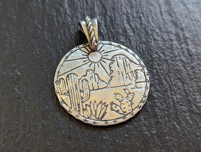 Sterling silver round charm with cactus and mountain - handmade - Image 1 of 4