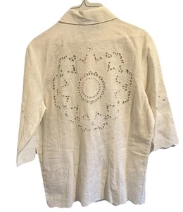 Susan Graver Small Top Beige Linen Rayon Button Up Floral Cut work 3/4 Sleeve - Picture 1 of 5
