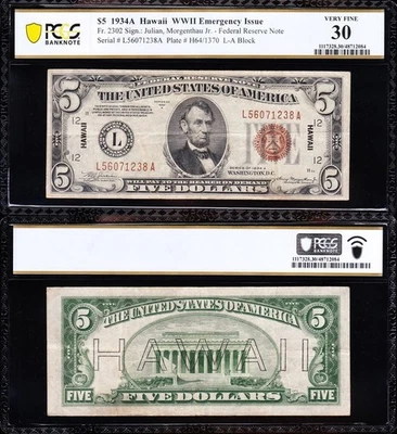 AWESOME Crisp Choice VF++ 1934 A $5 HAWAII Federal Reserve Note! PCGS 30! 71238 - Image 1 of 3