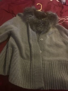 NWTAnn Taylor NEW Cardigan Sweater Faux Fur Collar 3/4 Sleeve Sz XL Gray - Picture 1 of 10