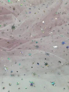 Fabric By The Yard Pink Mesh Silver Stars Holographic Iridescent  Fashion Fabric - Picture 1 of 12