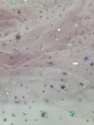 DIVASTYLETEXTILES Fabric By The Yard Pink Mesh Silver Stars Holographic Iridescent Fashion Fabric