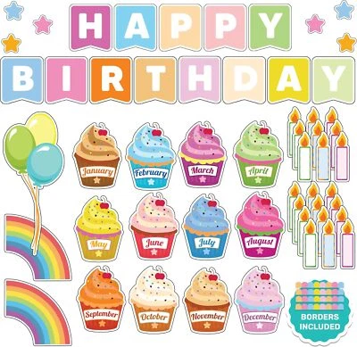 84 Pcs Cupcake Birthday Bulletin Board Set for Classroom - Birthday Chart for... - Image 1 of 4