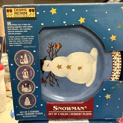 Vtg DEBBIE MUMM [Set Of 4] SAKURA Xmas SNOWMAN 8" Salad/Dessert Plate NEW IN BOX - Image 1 of 4