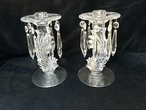 Vtg Pair Fostoria Candle Lusters Baroque Pattern Crystal Prisms Clear Art Deco - Picture 1 of 6