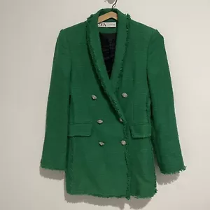 ZARA Womens Green Textured Double Breasted Blazer Jacket Size S Diamanté Button - Picture 1 of 14