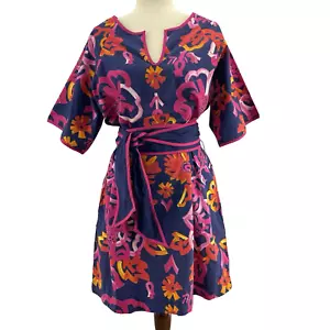 Frances Valentine Doris Gerbera Mini Dress L Navy Pink Floral Belted $248 Travel - Picture 1 of 17