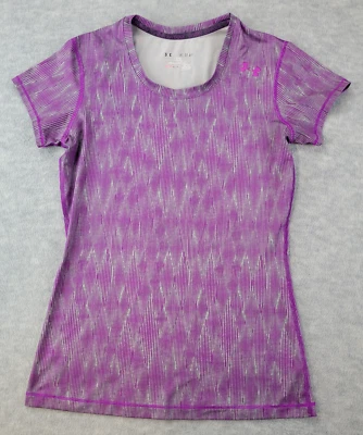 Camiseta Under Armour Manga Corta Heat Gear Estampado Púrpura/Gris Ajustada Para Mujer XS Foto 1 de 4