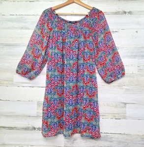 My Michelle Women's Dress Size L 3/4 Balloon Sleeve Boat Neck Sheer Lined Mutli - Picture 1 of 11