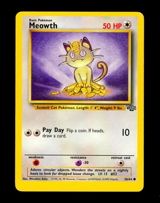 1999 Pokemon MEOWTH Jungle Set OC ERROR Unlimited Edition MISCUT Card 56/64 Rare - Image 1 of 2