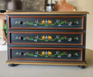 MELE Vintage Wood 3 Drawer JEWELRY Dresser BOX Painted JEWEL CASE Velvet Drawers - Picture 1 of 18