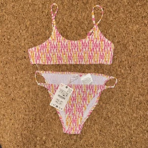Zara Girls Size 11-12 Two Piece Swimsuit Adjustable Straps NWT Pink Orange White - Picture 1 of 10