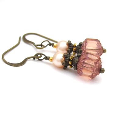 Pendientes púrpura melocotón latón envejecido diseño neo victoriano joyería navideña Foto 1 de 4