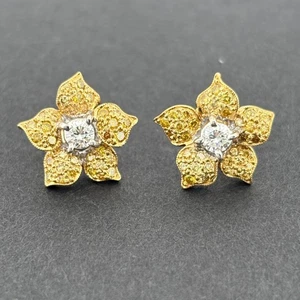 Estate Yellow & White Diamond Flower Stud Earrings 18k Yellow Gold 1.39ctw - Picture 1 of 8