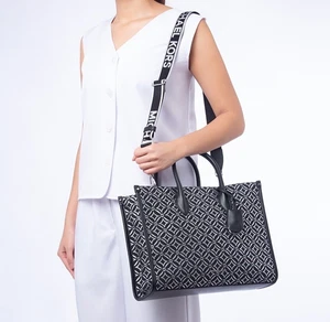 MICHAEL KORS  Signature Mirella Metallic Jacquard Medium Tote Black Silver - Picture 1 of 6