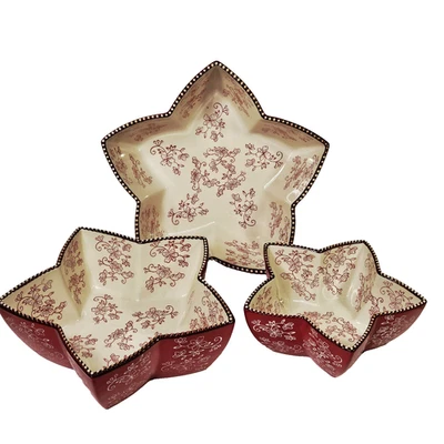 Juego de 3 cuencos para anidar estrellas de encaje floral rojo Temp-tations 1-2-3 cuartos vacaciones de Navidad Foto 1 de 4