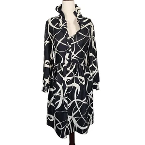 Vestido J Crew para mujer talla 10 negro blanco seda cuello con volantes estampado abstracto HO07 - Imagen 1 de 11