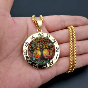 Tree Of Life Golden Round Necklace Jewelry Vintage Look Nature Pendant - Picture 1 of 5