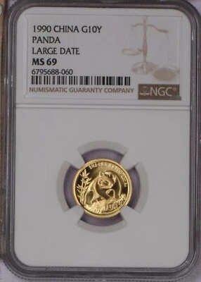 1990 Gold Panda 1/10 oz. 10 Yuan Large Date NGC MS69. Free shipping. - Image 1 of 2