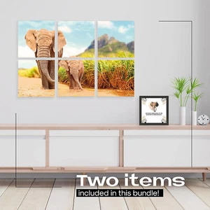 NEW Elephant Wall Art Decor 1 Plaque + 6 Matching Posters Elephant Gift Set - Picture 1 of 6
