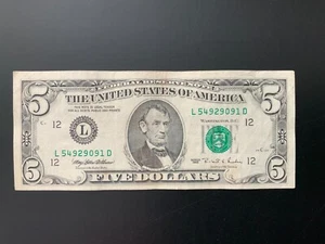 1995 $5 DOLLAR BIL L54929091D - Picture 1 of 4