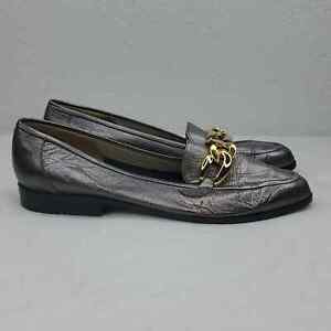 Rangoni Loafers Pewter Gold Chain Almond Toe Leather Italian Slip On Womens 6.5