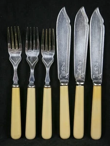 [Set of 6 – 3 FishForks & 3 Fish Knives] Antique “Chrome Plate” Ivorine Handled - Picture 1 of 9