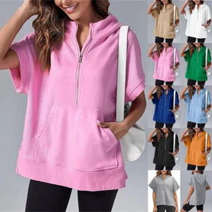 Ladies Short Sleeve Hooded Baggy Pullover Hoodies T Shirts Blouse Plus Size Tops - Picture 1 of 23