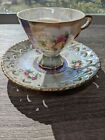 Vintage Tilso Japan Hand Painted Floral Lusterware Footed Tea Cup w/ Saucer 
