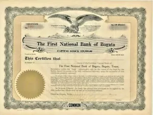 CERTIFICADO DE STOCK C 1910 BANCO NACIONAL BOGATA TEXAS banquero bancario - Imagen 1 de 1