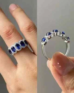 2CT Oval Cut Lab Created Sapphire Women's Band Ring 14K White Gold Plated Silver - Picture 1 of 6