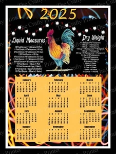 2025 ROOSTER CALENDAR MAGNET + Kitchen Conversion Chart for Dry/Liquid Measures - Picture 1 of 2