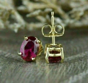 2 Ct Oval Lab-Created Ruby Women's Stud Gifted Earring 14K Yellow Gold Plated - Picture 1 of 2