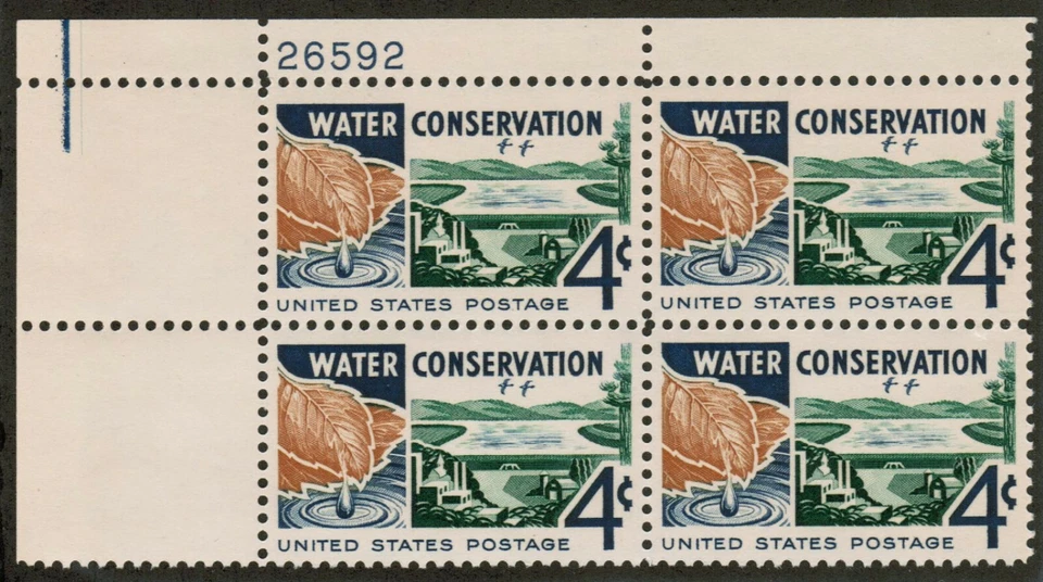 US USA Sc# 1150 MNH FVF PLATE# BLOCK Water Conservation Leaf Water Droplet River - Image 1 of 1