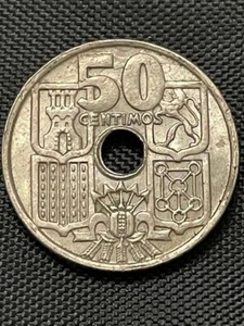 1963 Spain 50 Centimos Coin,  Nautical Anchor and Helm , Copper-Nickel #65 - Picture 1 of 2