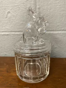 Vintage Clear Bunny Rabbit Lidded Glass Jar Trinket Candy Vanity Easter Spring - Picture 1 of 10
