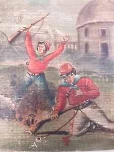 Vintage War Painting On Wood Panel 15.5” X 10.25” Soldiers On Battlefield - Picture 1 of 5