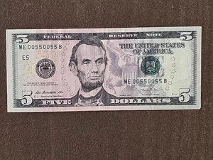 2013 $5 fancy serial number ME00550055B binary/repeater circulated with 4 pairs - Picture 1 of 2