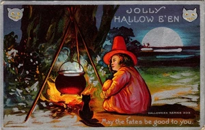 Jolly Halloween Greeting Postcard girl witch cat cauldron Message Card KB146 - Picture 1 of 2