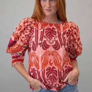 FARM RIO Ainika Aras Puffärmel Baumwollbluse rosa orange Größe M - Bild 1 von 7