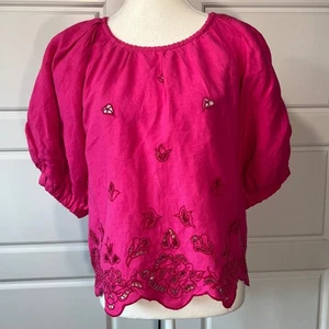 Blusa Campesina Anthropologie Rosa Caliente Bordada Mezcla de Lino Top Mediana - Imagen 1 de 9